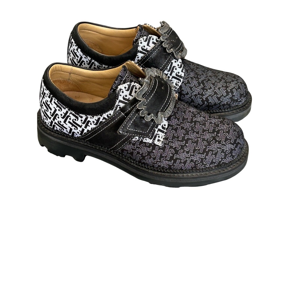 John Fluevog Buckle Monk Strap Shoes Black White Pattern Leather Portugal M6 W8